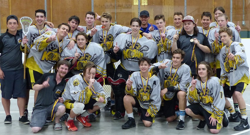 <who>Photo Credit: Contributed </who>The Kelowna Kodiaks defeated the host North Okanagan Legends 10-1 in the title game to capture the Rock The House midget lacrosse tournament on the weekend in Armstrong. Members of the winning team are, from left, front: Mike Phillips (assistant coach), Sam Adams, Zander Torres, Robbie Paialunga, Taryn Munson and Tory Koski. Middle: Tanner Warren, Joe Prohaska, Shaun Agostinho, Colten Wasylenko, Quinn Johnson-Plant (assistant coach) and Zeb Pink. Back: Zane Torres (assistant coach), Oliver DiMarcello, Brodie McIsaac, Adam Mitchell, Justin Charlton, Gregg Parrent (head coach), Nolan Katinic, Zach McGill and Peyton Avigdor.