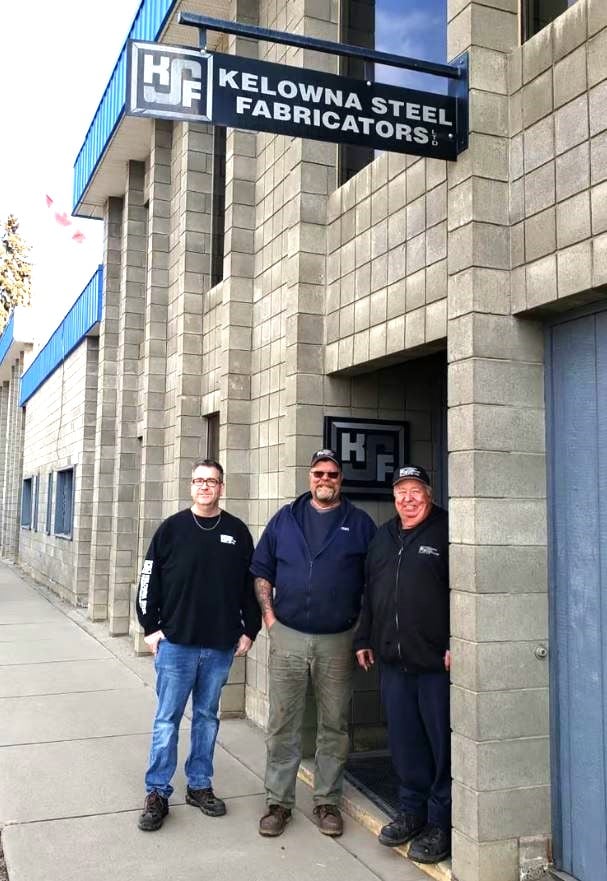 <who>Photo credit: Kelowna Steel Fabricators</who> In this photo taken for Kelowna Steel Fabricators' 50th anniversary last year is owner Jamie Warkentin, left, general manager Rich Moeller and senior fabricator Rob McKenzie.
