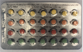 <who>Photo credit: Health Canada</who>Linessa 28 blister pack (the last row of green pills are “reminder” pills that do not contain any hormones)