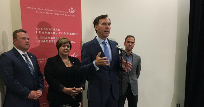 <who>Photo Credit: Bill Morneau</who> Finance Minister Bill Morneau speaks at the Canadian Chamber AGM.