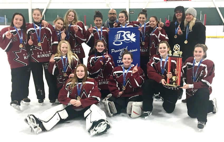 <who>Photo Credit: Contributed </who>The Kelowna Rage claimed provincial gold at the Ringette BC under-14A championship in Surrey. Members of the provincial champions are, from left, front: Madysin Martin, Kaila Summerfelt, Olivia Milaney, Brooke Driscoll, Nigella Russell and Brooklyn Piche. Back: Yui Stadnichuk, Alexei Jensen, Georgia MacDonald, Skylar Ray, Talia Russouw, Wayne Wong (head coach), Shae Taylor, Amelia Russo, Allison Koebel, Lesley Driscoll (manager) and Kelley Taylor (assistant coach).