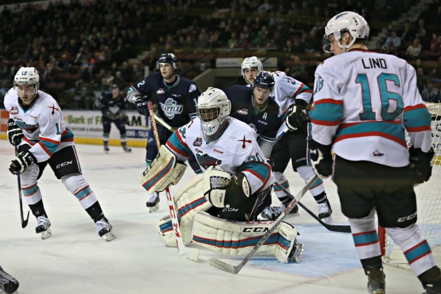 <who>Photo Credit: KelownaNow</who>Michael Herringer played great again in net, stopping 27 T-Birds shots.