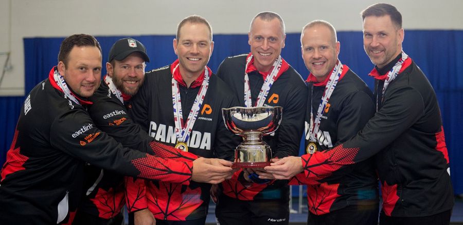 <who> Photo Credit: Curling Canada/Michael Burns</who> (L-R) coach Caleb Flaxey, alternate Jim Cotter, lead Geoff Walker, second E.J. Harnden, vice-skip Mark Nichols and skip Brad Gushue.