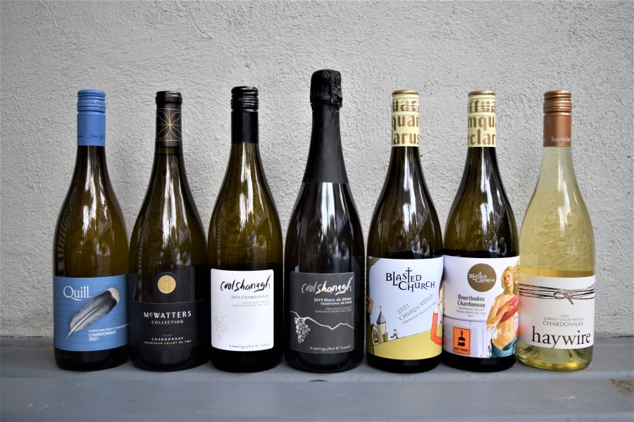 </who>Seven sensational examples of British Columbia Chardonnay -- from left, Blue Grouse Quill 2021 ($26), McWatters Collection 2020 ($35), Coolshanagh 2019 ($30), Coolshanagh 2019 Blanc de Blanc Sparkling (not released yet), Blasted Church 2021 ($24), Blasted Church 2021 Unorthodox ($22) and 2020 Haywire Garnet Valley Ranch Vineyard ($35).