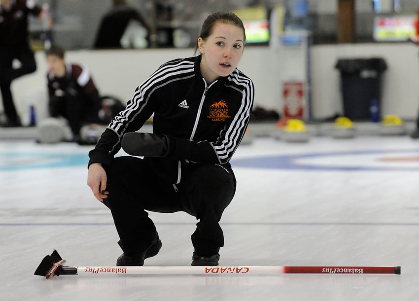 <who>Photo Credit: Lorne White/KelownaNow.com </who>Samantha Fisher and her Thompson Rivers WolfPack teammates are in a semifinal on Wednesday (9 a.m.) at the CIS championships being held at the Kelowna Curling Club.