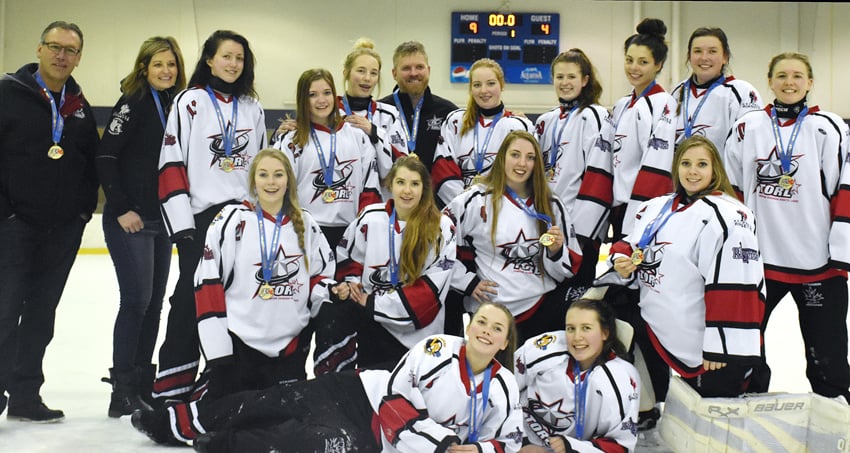 <who>Photo Credit: Contributed </who>The Thompson Okanagan Ringette League (TORL) Force earned a trip to the Canadian U16 championship tournament in London, Ont. with a 2-1 provincial series victory over the Lower Mainland Thunder last month in Kelowna. Playing as Team BC, the Force lost their first two games at nationals on Monday. Members of the team are, from left, front: Emma Carter and Alyssa Racine. Middle: Aly Carter, Emily Williams, Delainey Gregory and Georgia Gregory. Back: Ron Racine (assistant coach), Melissa Mallam (assistant coach), Evan Koshure, Courtney Bacon, Abby Willliamson, Warren Carter (head coach), Brooklyn Keller, Emily Elsom, Kayt Meraw, Madison Fox and Hailey McRae.