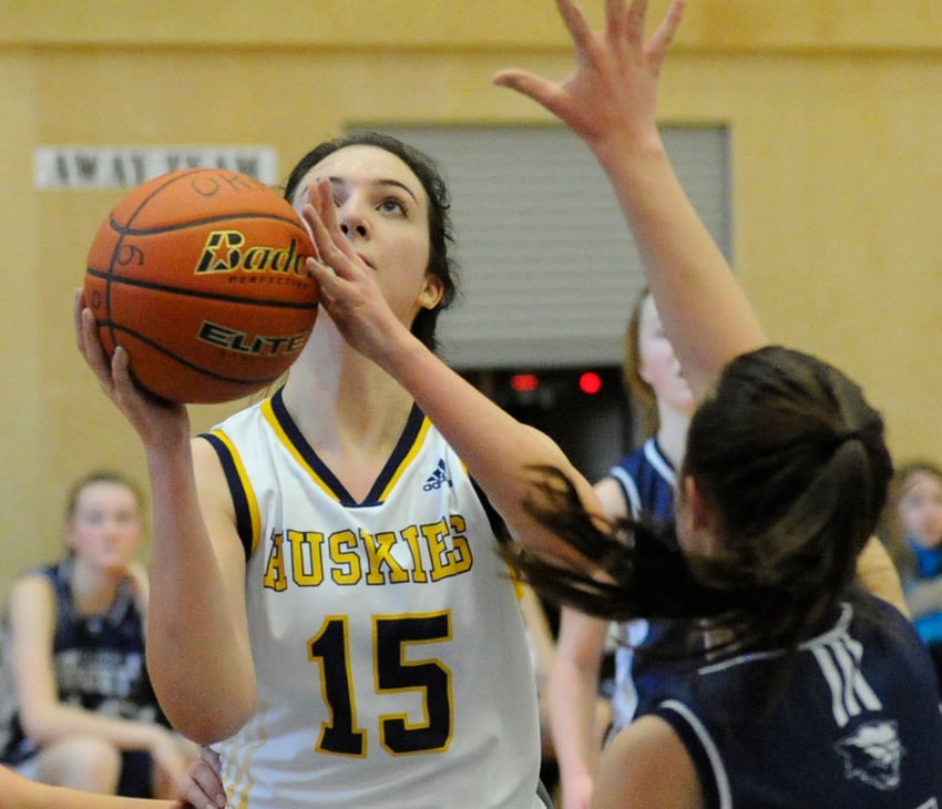 <who>Photo Credit: Lorne White/KelownaNow </who>In her final home game at OKM, Kiara Gaspari netted 24 points in a loss to the Immaculata Mustangs.
