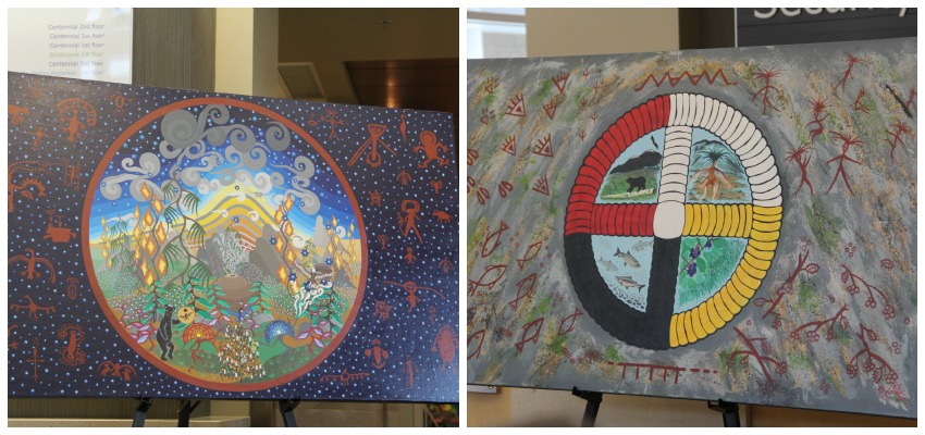 <who> Photo Credit: KelownaNow.com. </who> From left to right: David Wilson's "Star Blanket of Life," and Les Louis' "The Land Before Us." 