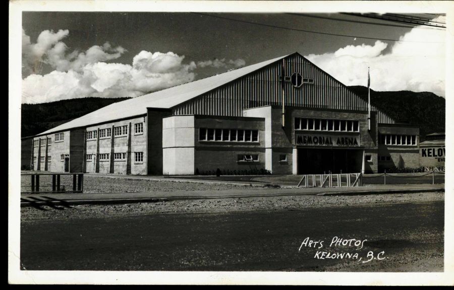 <who>Photo Credit: Old Kelowna/SFU Library Digital Collections</who>In 1945, Kelowna Memorial Arena was built thanks to a memorial fund given to the city due to World War ll. The previous home of the Kelowna Rockets is known for its unusually small ice surface of 180' by 80'. Chances are that if you played, or currently play, ice hockey in Kelowna, you've played at Memorial Arena. (Circa 1950)