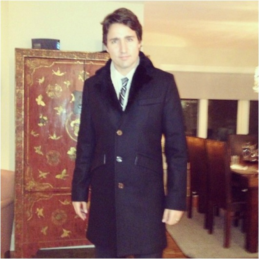 <who> Photo Credit: Moose Knuckles on Instagram. </who> Prime Minister Justin Trudeau wearing a Moose Knuckles jacket. 