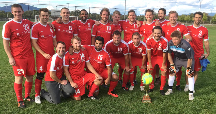 <who>Photo Credit: Contributed </who>Boasting a first-place record of 16-4 in the regular season, the Modern Furniture Pikeys added a KMSL Division 1 title by edging Alves Bros. FC 4-3 in the playoff final. Members of the winning team are, from left, front: Fil De Carvalho, Alain Onenema, Nathan Samadar, Dan Hunt, Jeremy Dillabough, Joel Herron and Jason Lukarinen. Back: Matthew Nicholls, Justin Lebbon, Joe Vogal, Justin Kandola, Corey Wallis, Kyle Logan, Adam Rojas, Brian Stephenson, Jon Albrecht, Matthew Reese and Paul Myhr.