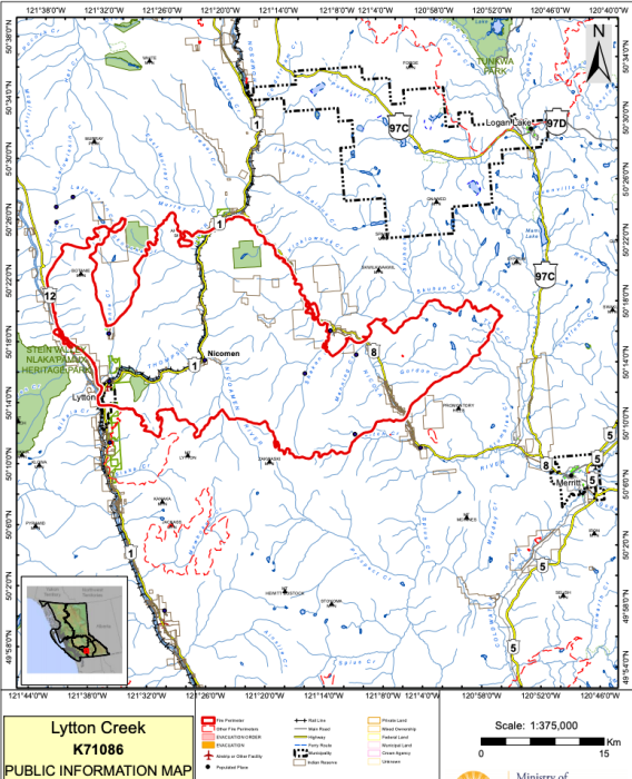<who> Photo Credit: BCWS</who> Map of Lytton Creek wildfire from Sunday, Aug.22