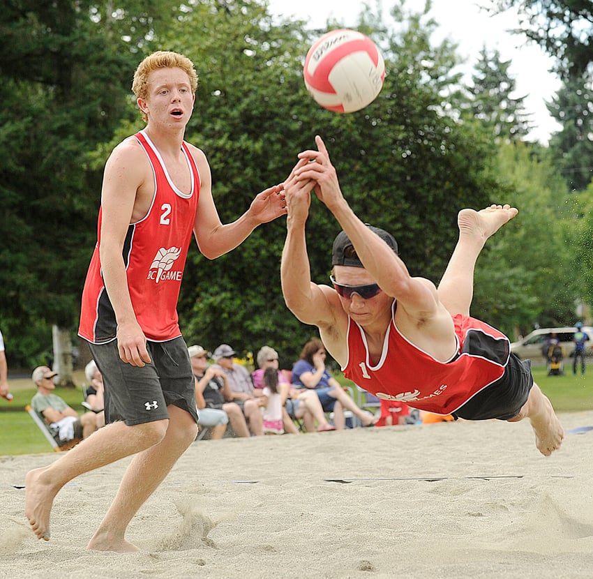 <who>Lorne White/KelownaNow </who>Brighton Cretney, left, and Grayson McMillan of Kelowna finished fifth in B.C. Games boys beach volleyball.