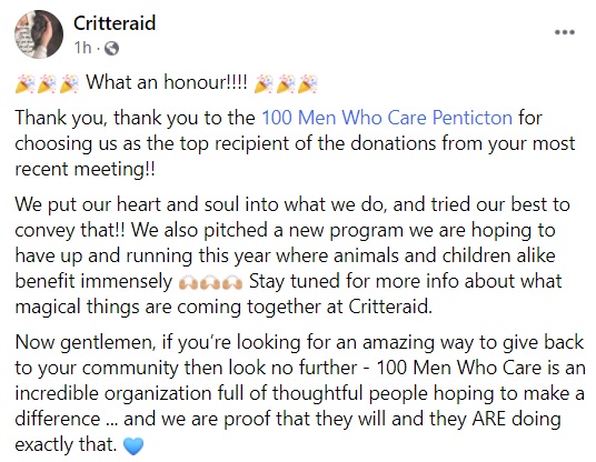 <who>Photo Credit: 100 Men Who Care Penticton</who> Critteraid offers it opinion of 100 Men via Facebook