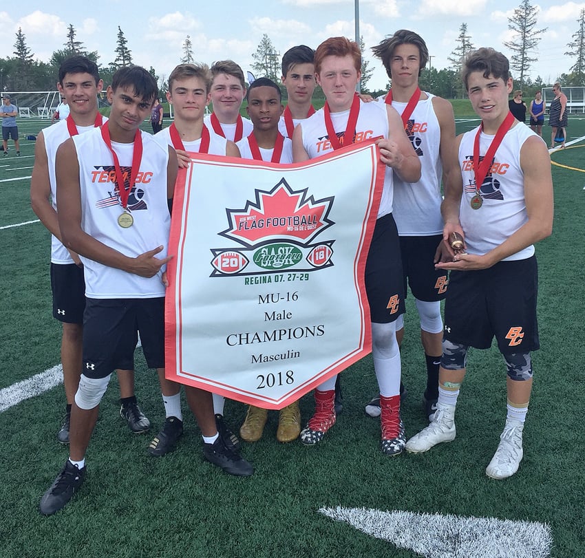 The Kelowna Selects represented B.C. at the U16 Western Canadian Flag Football championship tournament in Regina on the weekend and returned with the gold medal. Members of Team BC are, from left, front: Evan Fitchett, Aidan Vint, Noah Gross, Everett Schmuland, Tariq Brown, Risto Zimmer, Bronte Gallo, Caeleb Schlachter and Nate Beauchemin.