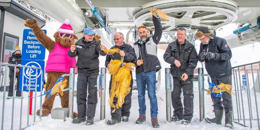<who>Photo Credit: Big White Resort</who>President and CEO of Big White Ski Resort Ltd., Peter Plimmer, officially opens the resort's newest lift, the Powder 2.0 Quad Chair.
