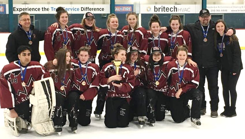 <who>Photo Credit:Contributed </who>The Kelowna Elite won five straight games on the way to a B.C. U16A ringette provincial championship on the weekend at the Rutland Arena. Members of the team are, from left, front: Sajan Kandola, Kylie Brown, Bianca Panagos, Brianna Panagos, Jessye Large, Talia Russouw and Brooklyn Piche. Back: Mike Wuthrich (assistant coach) Geneva Wuthrich, Kianna McRae, Emily Stewart, Georgia MacDonald, Sara MacMillan,Nigella Russell, Todd MacMillan (head coach) and Caitlin Pineau (assistant coach) 