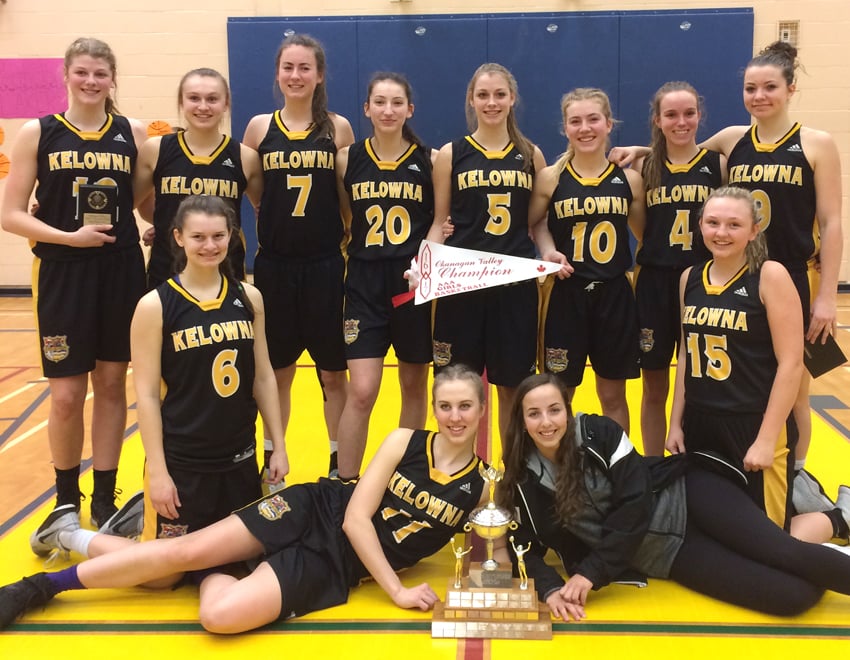 <who>Photo Credit: Contributed </who>The Kelowna Owls won the Okanagan Valley senior AAA girls basketball championship in Salmon Arm on Saturday. Members of the team that will represent the Valley at the B.C. championship tournament in Langley March 1-4 are, from left, front: Abby Cullen and Rene Watson. Middle: Alley Corrado and Madi Martens. Back: Kennedy Dickie, Rachel Hare, Chelsea Espenberg, Grace DeMug, Madison Dickie, Dez Day, Kasey Patchell and Courtney Donaldson. Coaches are Darrren Semeniuk and Heather Semeniuk.