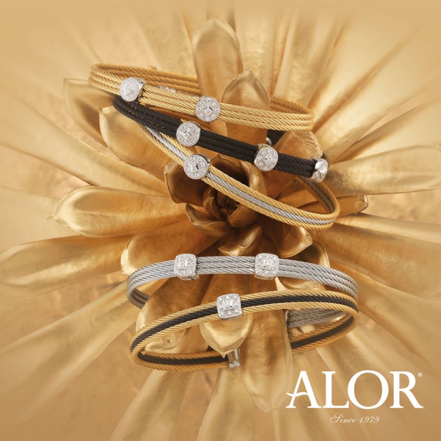 A traditional gift, like jewellery, can be unconventional when you think outside the box. These beautiful Alor bracelets give a modern feel with their combination of cable and diamonds.
