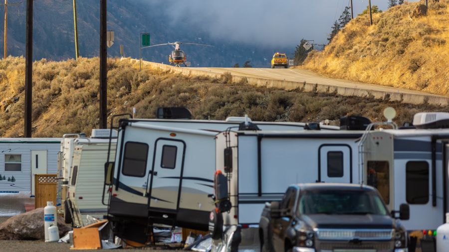 <who>Photo Credit: NowMedia/Gord Goble</who> Hwy 3 (background), Eagle RV Park (foreground) during road closure