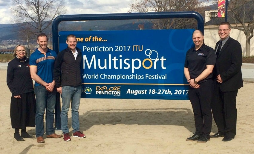 <who> Photo Credit: Penticton 2017 </who> Sheila O'Kelly, board member for Triathlon Canada, left, stands with Brian Mahony, Jess Symonds, Michael Brown and Andrew Jakubeit.