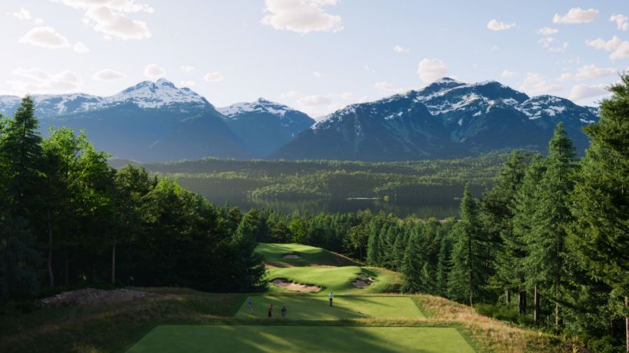<who>Photo Credit: Cabot Revelstoke</who>The par-3 17th is one of the holes with beautiful river and mountain views. (Rendering)