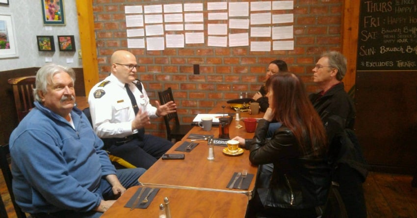 <who>Photo Credit: NowMedia </who>RCMP Supt. Ted De Jager is shown at the first Coffee With a Cop event this past spring in Penticton. There have been a couple more events since and another Coffee With a Cop event is being held Monday in Osoyoos at the McDonald's Restaurant starting at 10 a.m. Local residents are invited to meet with local RCMP officers to ask questions and get information.