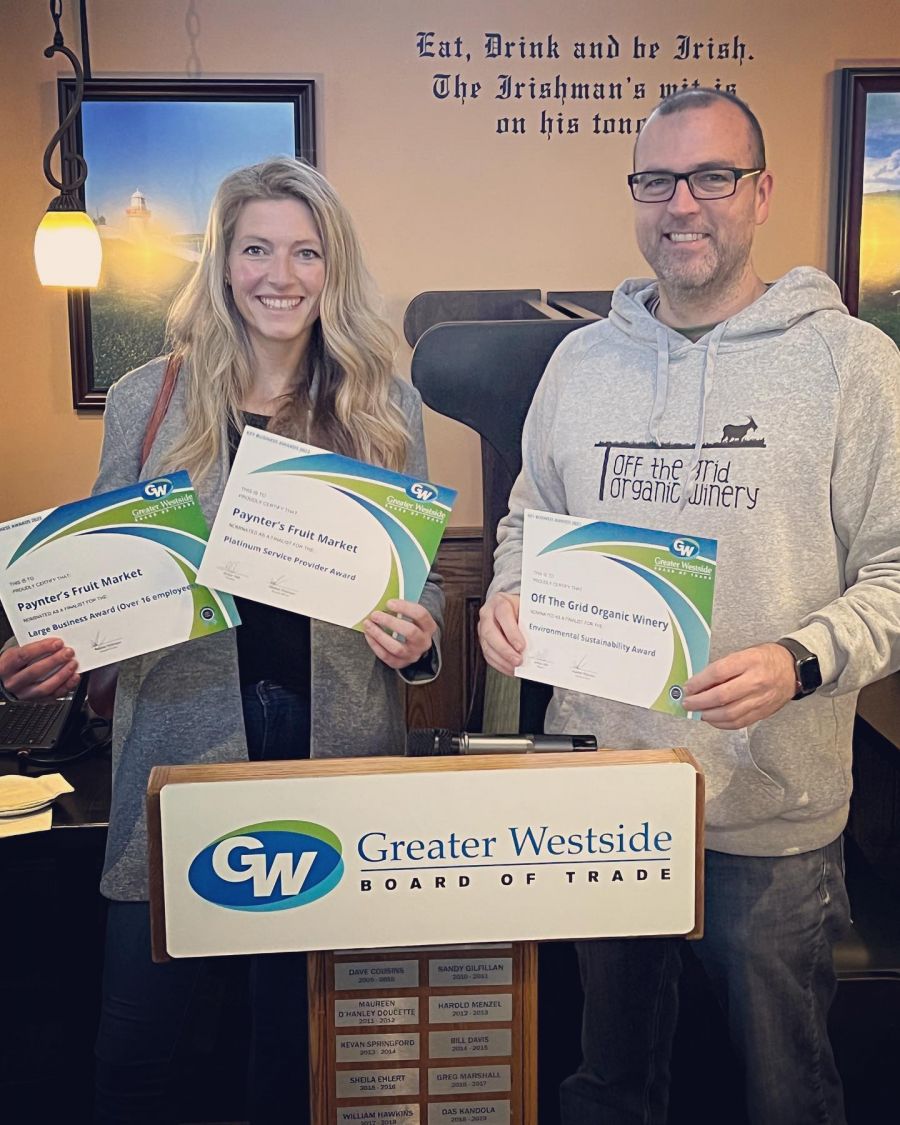 </who>Jennay Oliver's Paynter's Fruit Market is a finalist in the large business of the year and platinum service categories and her cousin, Nigel Paynter, is co-owner of Off the Grid Organic Winery, which is a finalist in the environmentally sustainable category.