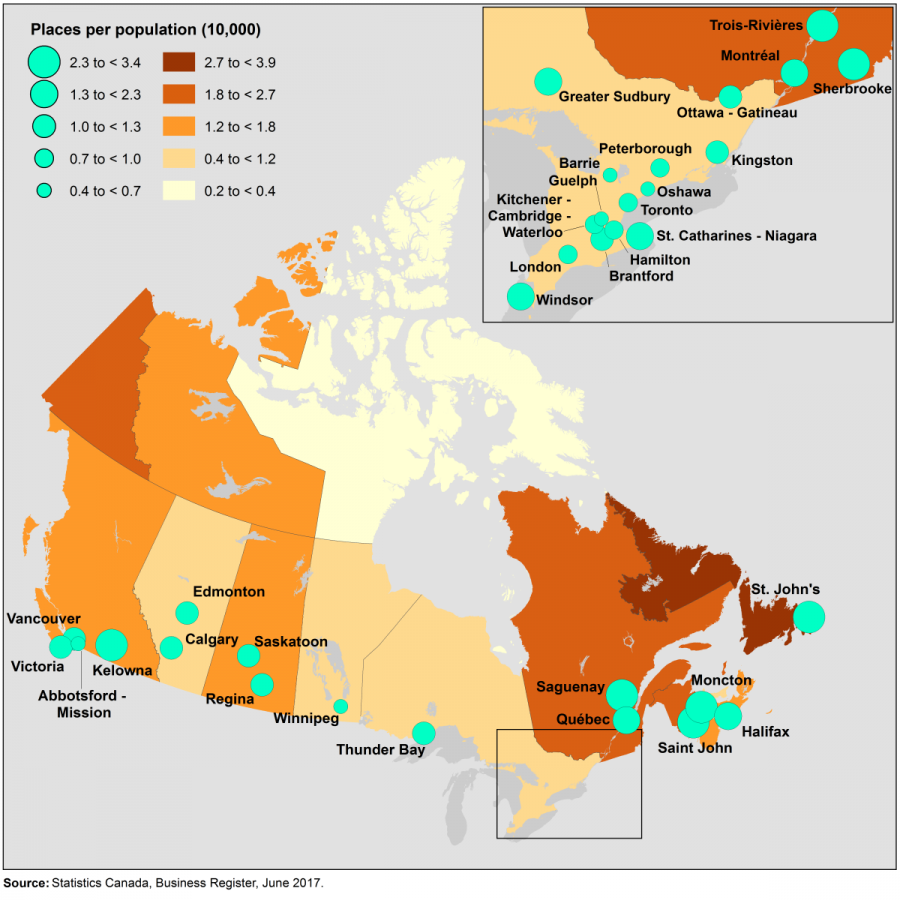 <who> Photo Credit: Statistics Canada </who> Kelowna has the largest number of places to drink per 10,000 people in Western Canada.