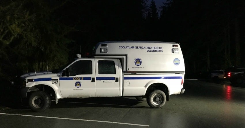 <who>Photo Credit: Coquitlam Search and Rescue (SAR)</who>A search team gathers to look for a missing hiker at Buntzen Lake.