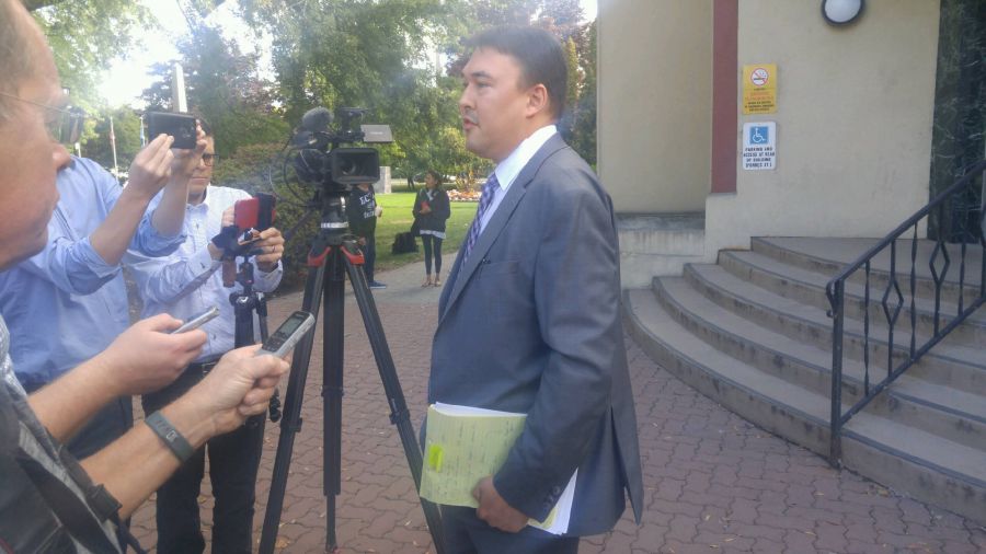 <who>Photo Credit: NowMedia </who>City of Penticton lawyer Jarrett Plonka addressed the media outside the Penticton Courthouse Wednesday morning after notorious panhandler Paul Braun pleaded guilty to eight bylaw infractions.