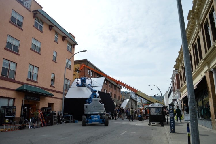 <who> Photo Credit: KamloopsBCNow </who> Crews filming an action sequence on 4th Ave. on Tuesday.