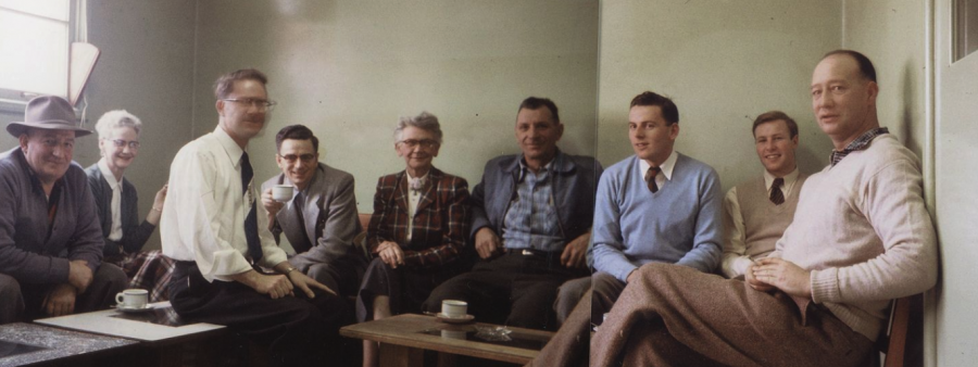 <who> Photo credit: Okanagan Special Collections OSC ARC 02 001 006 033 </who> Left to right: Charlie Stuart, Janet Power, Bill Greenwood, Len Smith, Norma Morrison, Fred Kitsch, Ian Dunlop, David Jeffrey, and Harry Chaplin sitting and drinking coffee. Date: Before 1965.