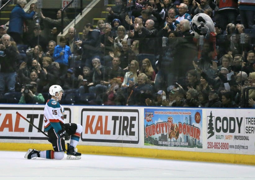 <who>Photo Credit: KelownaNow</who>Rocky the Raccoon was a huge fan of Tomas Soustal's goal and celebration.