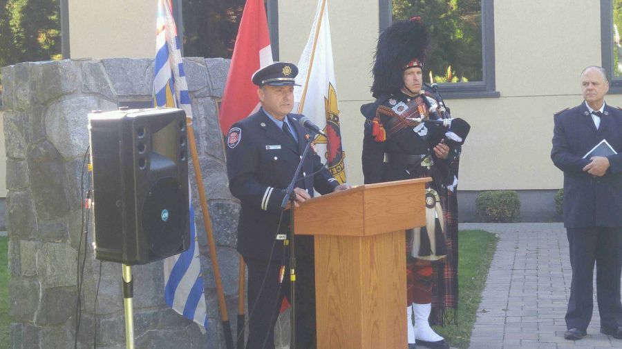 <who>Photo Credit: NowMedia </who>Captain Graham Gowe of the Penticton Fire Department made an impassioned speech during the annual 9/11 Memorial Service held Tuesday morning in Veterans Memorial Park in downtown Penticton. Gowe has helped organize the annual event for the past several years.