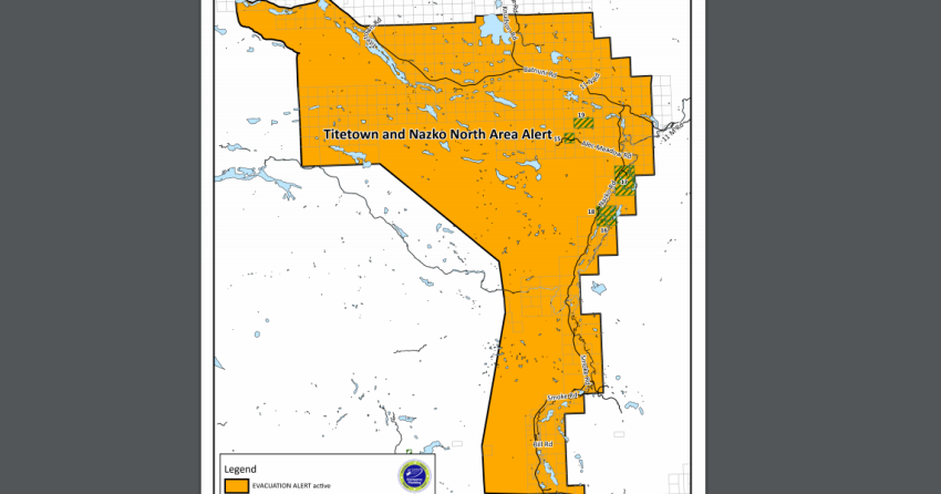 <who> Photo Credit: BC wildfire dashboard / Evacuation alert for area around the Purdy Lake wildfire.