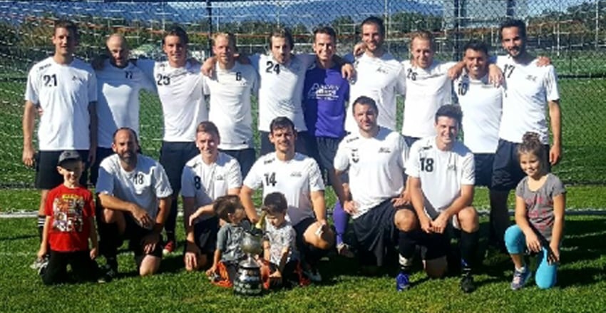 <who>Photo Credit: Contributed </who>Alves Bros. FC downed the Modern Furniture Pikeys 4-1 on Sunday to capture their fifth straight Royal Cup title. Members of the championship tearm are, from left, front: Kyle Bilinski, Sean Murphy, Matt Arruda, Etienne Myette-Cote and Jordan Hesketh. Back: Josh Fink, Morgan Marrs, Jaedon Swaby, Jack Orchard, Alex Thompson, Spencer Brown, James Byra, Kirby Carter, Thomas Simkins and Nich Johansen.