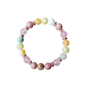 Bracciale di rodonite, quarzo rosa, amazzonite, onice gialla, giada olivastra