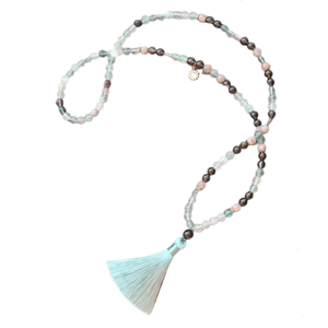 Collana in pietra solare, fluorite e quarzo fumé