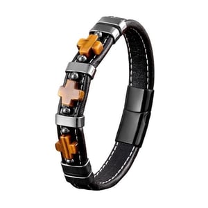 Bracciale in pelle con 3 croci e occhio di tigre.