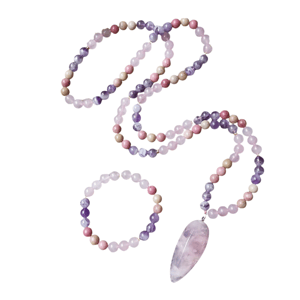 Collana + Bracciale: Rodonite, quarzo rosa, ametista