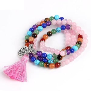 Bracciale tibetano con Mala di quarzo rosa e 7 Chakra.