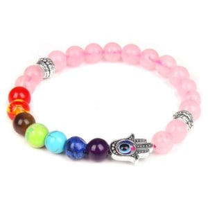 Bracciale 7 Chakra in quarzo rosa Mano di Fatma.