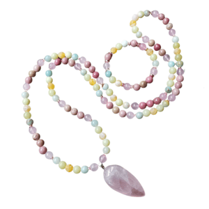 Collana + Bracciale: Rodonite, quarzo rosa, amazzonite, onice giallo opaco, giada olivastra