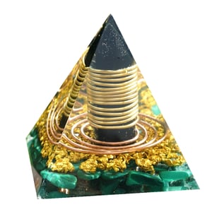 Piramide di malachite orgonite con punta di ossidiana 7 cm
