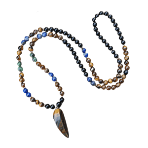 Collana in onice nera, lapislazzuli, occhio di tigre, rubino e zoisite