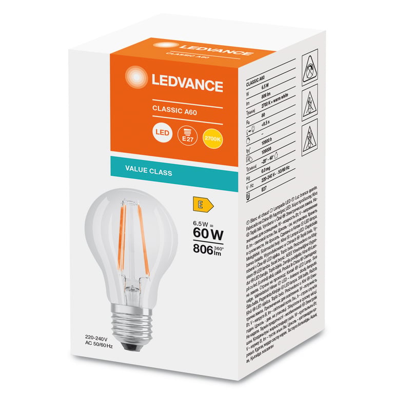LED CLASSIC A V 6.5W 827 Clear E27