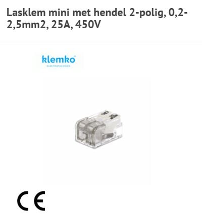 101702 Lasklem mini met hendel 2-polig, 0,2-2,5mm2, 25A, 450V