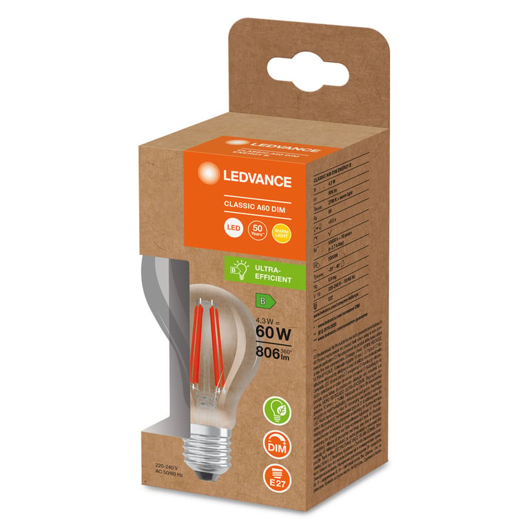 LED CLASSIC A ENERGY EFFICIENCY B DIM S 4.3W 830 FIL CL E27