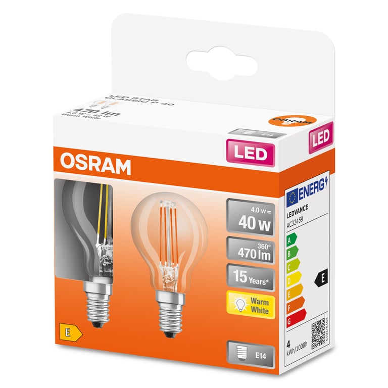 LED Retrofit CLASSIC P 40 CL 4 W/2700K E14 (CS à 2 PCE)